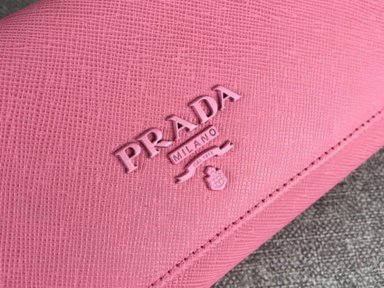 Prada Large Saffiano Leather Flap Wallet in Pink with Metal Prada Lettering in the Same Tone