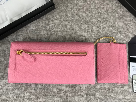 Prada Large Saffiano Leather Flap Wallet in Pink with Metal Prada Lettering in the Same Tone