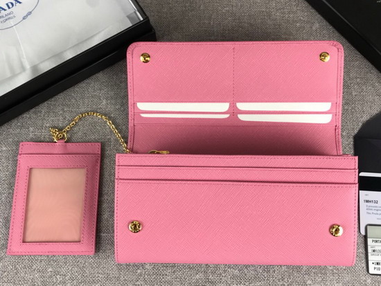 Prada Large Saffiano Leather Flap Wallet in Pink with Metal Prada Lettering in the Same Tone