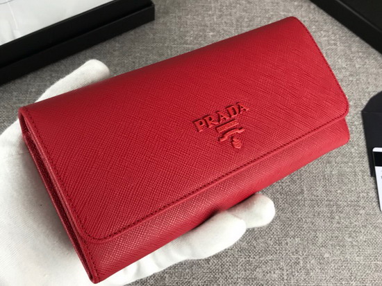 Prada Large Saffiano Leather Flap Wallet in Red with Metal Prada Lettering in the Same Tone