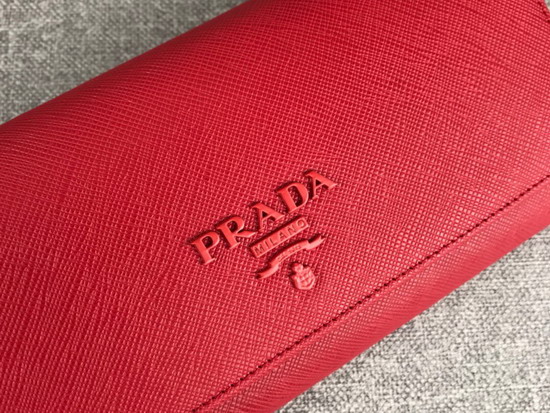 Prada Large Saffiano Leather Flap Wallet in Red with Metal Prada Lettering in the Same Tone