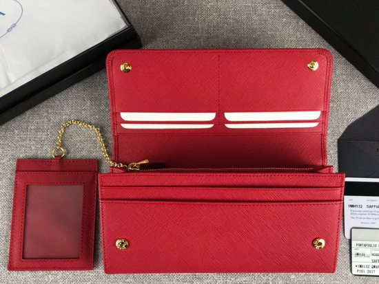 Prada Large Saffiano Leather Flap Wallet in Red with Metal Prada Lettering in the Same Tone