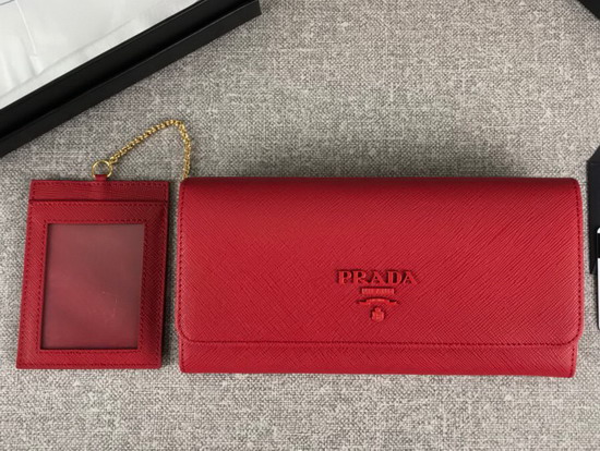 Prada Large Saffiano Leather Flap Wallet in Red with Metal Prada Lettering in the Same Tone