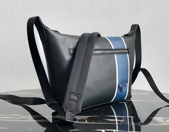 Prada Leather Bandoleer Bag in Black Calf Leather with a Wide Band in a Contrasting Color on The Front