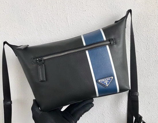 Prada Leather Bandoleer Bag in Black Calf Leather with a Wide Band in a Contrasting Color on The Front