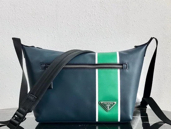 Prada Leather Bandoleer Bag in Blue Calf Leather with a Wide Band in a Contrasting Color on The Front