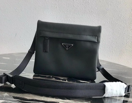 Prada Leather Bandoleer Messenger Bag in Black Calf Leather