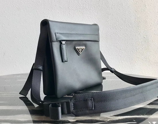 Prada Leather Bandoleer Messenger Bag in Black Calf Leather