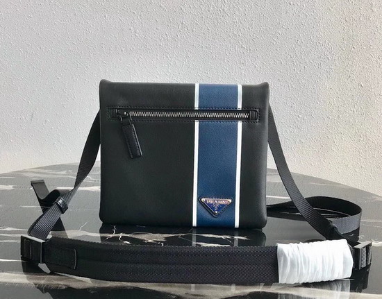 Prada Leather Bandoleer Messenger Bag in Black with Blue and White Stripe on the Front