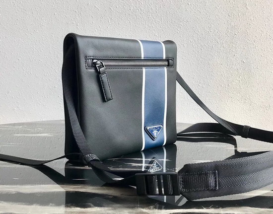 Prada Leather Bandoleer Messenger Bag in Black with Blue and White Stripe on the Front