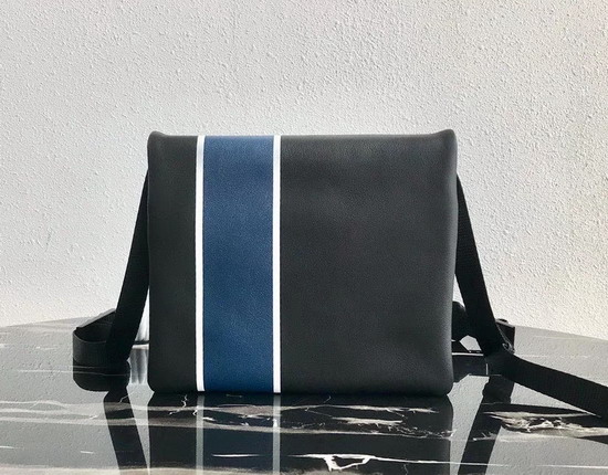 Prada Leather Bandoleer Messenger Bag in Black with Blue and White Stripe on the Front