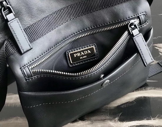 Prada Leather Bandoleer Messenger Bag in Black with Blue and White Stripe on the Front