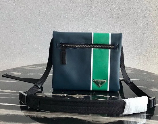 Prada Leather Bandoleer Messenger Bag in Blue with Green and White Stripe on the Front