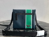 Prada Leather Bandoleer Messenger Bag in Blue with Green and White Stripe on the Front