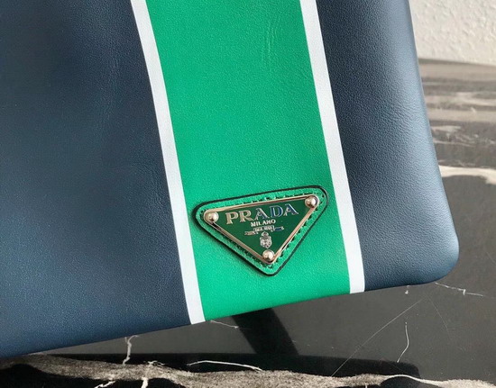 Prada Leather Bandoleer Messenger Bag in Blue with Green and White Stripe on the Front