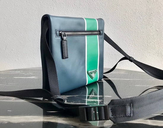 Prada Leather Bandoleer Messenger Bag in Blue with Green and White Stripe on the Front