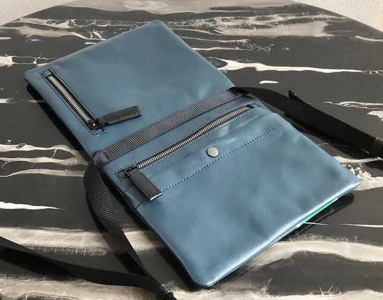 Prada Leather Bandoleer Messenger Bag in Blue with Green and White Stripe on the Front