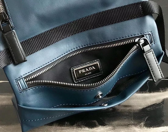 Prada Leather Bandoleer Messenger Bag in Blue with Green and White Stripe on the Front