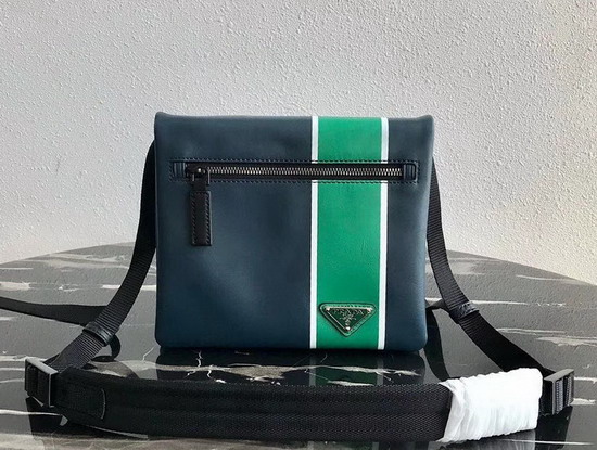 Prada Leather Bandoleer Messenger Bag in Blue with Green and White Stripe on the Front