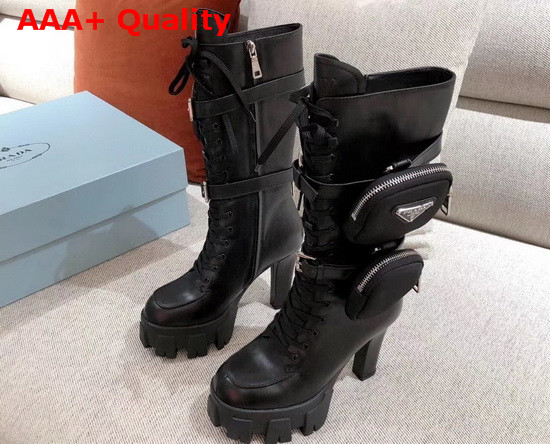 Prada Leather Boots in Black Calf Leather with Detachable Nylon Pouches Replica