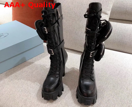 Prada Leather Boots in Black Calf Leather with Detachable Nylon Pouches Replica