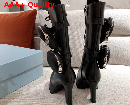 Prada Leather Boots in Black Calf Leather with Detachable Nylon Pouches Replica