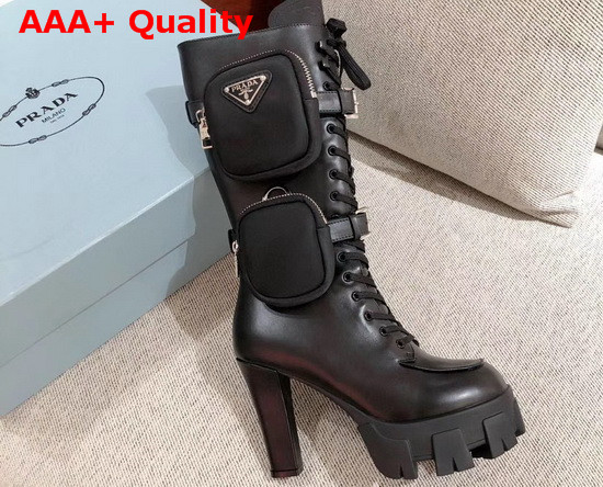 Prada Leather Boots in Black Calf Leather with Detachable Nylon Pouches Replica