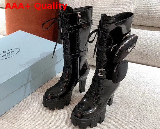 Prada Leather Boots in Black Patent Leather with Detachable Nylon Pouches Replica