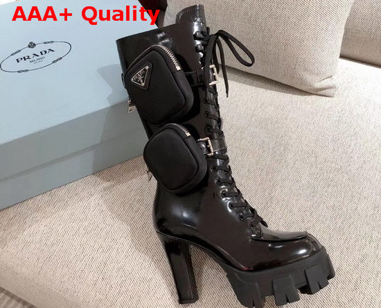 Prada Leather Boots in Black Patent Leather with Detachable Nylon Pouches Replica