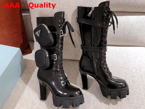 Prada Leather Boots in Black Patent Leather with Detachable Nylon Pouches Replica