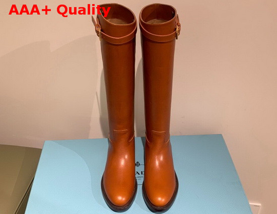 Prada Leather Boots with Strap and Buckle Cognac Calf Leather Replica