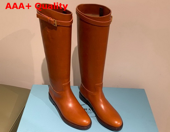 Prada Leather Boots with Strap and Buckle Cognac Calf Leather Replica