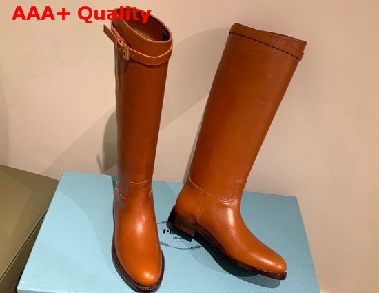 Prada Leather Boots with Strap and Buckle Cognac Calf Leather Replica