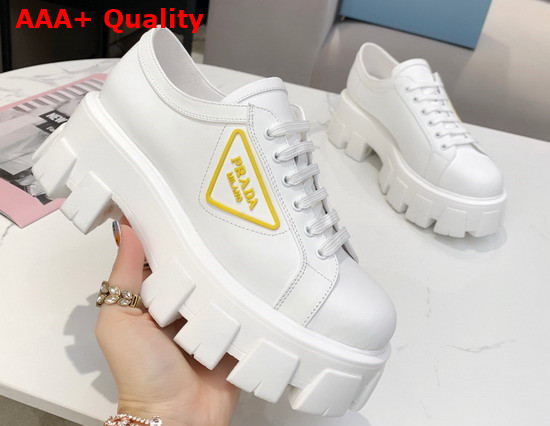 Prada Leather Gabardine Sneaker in White with Yellow Triangle Logo Replica