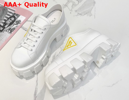 Prada Leather Gabardine Sneaker in White with Yellow Triangle Logo Replica