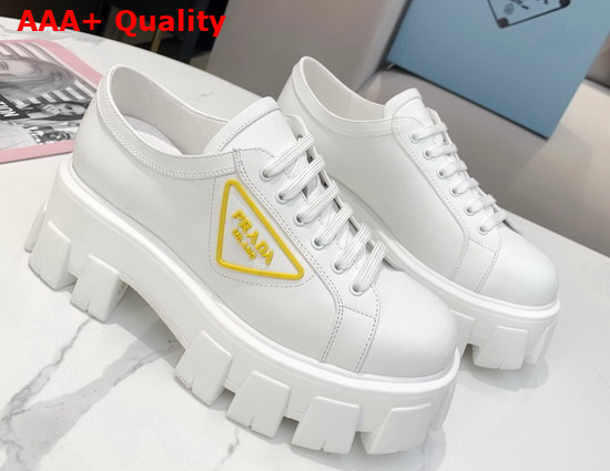 Prada Leather Gabardine Sneaker in White with Yellow Triangle Logo Replica