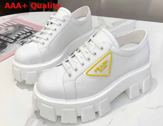 Prada Leather Gabardine Sneaker in White with Yellow Triangle Logo Replica