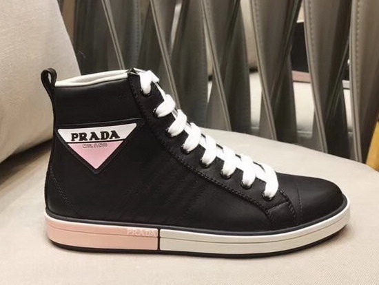 Prada Leather High Top Sneakers in Black with Prada Logo Label