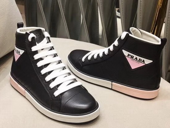 Prada Leather High Top Sneakers in Black with Prada Logo Label