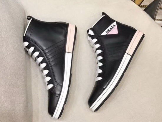 Prada Leather High Top Sneakers in Black with Prada Logo Label