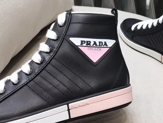 Prada Leather High Top Sneakers in Black with Prada Logo Label