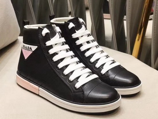 Prada Leather High Top Sneakers in Black with Prada Logo Label