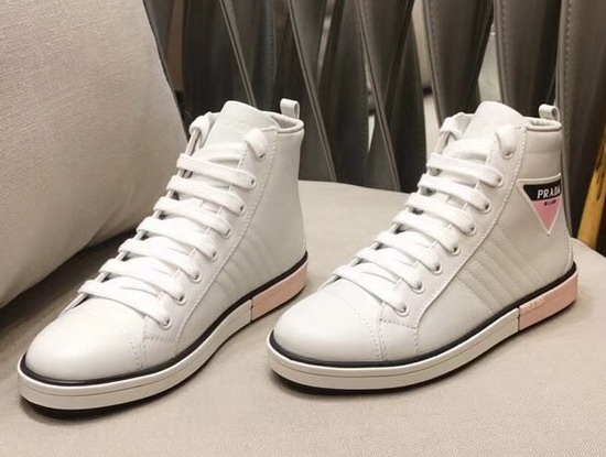 Prada Leather High Top Sneakers in White with Prada Logo Label