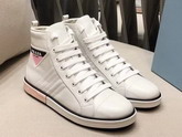 Prada Leather High Top Sneakers in White with Prada Logo Label