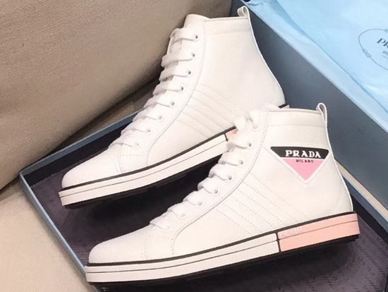 Prada Leather High Top Sneakers in White with Prada Logo Label