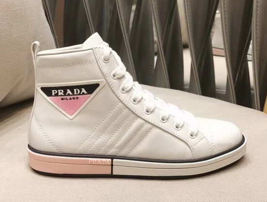 Prada Leather High Top Sneakers in White with Prada Logo Label