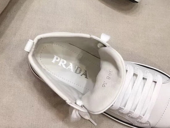 Prada Leather High Top Sneakers in White with Prada Logo Label