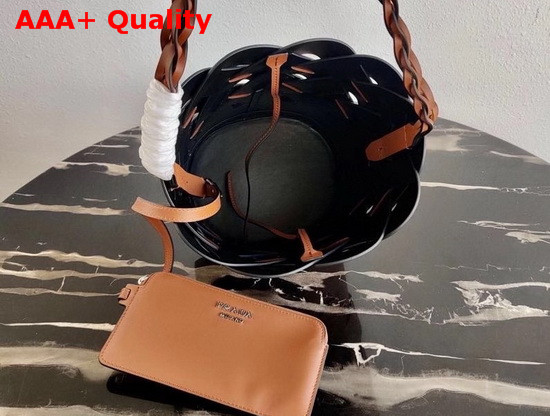 Prada Leather Prada Tress Bucket Bag Cognac Black Replica