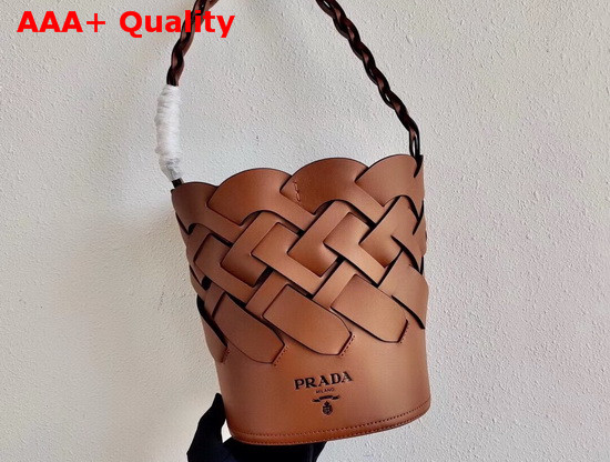 Prada Leather Prada Tress Bucket Bag Cognac Black Replica