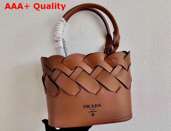 Prada Leather Prada Tress Tote Cognac Black Replica